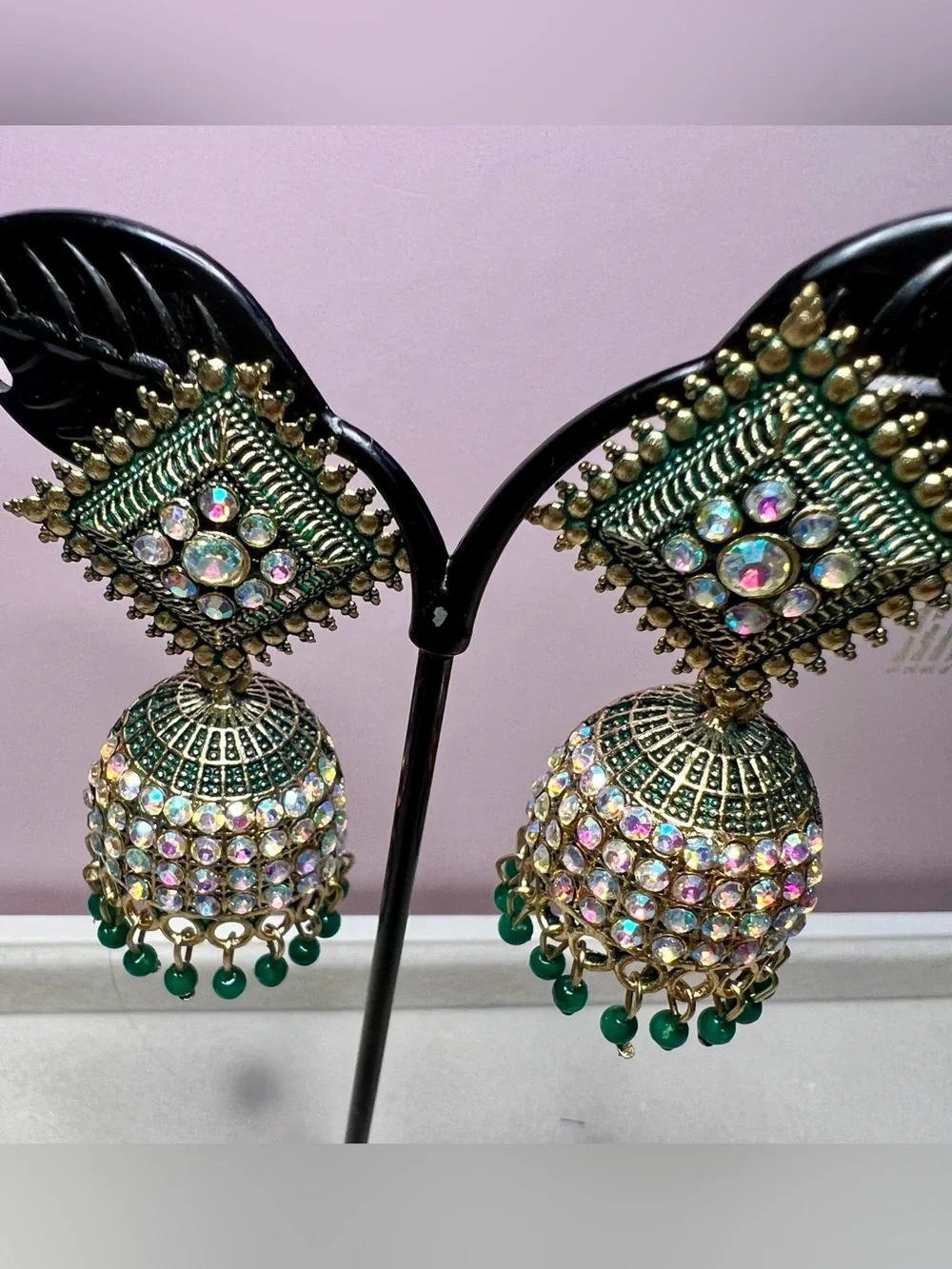 Gold-Tone Green Beaded Jhumka Earrings with Aurora Rhinestones
